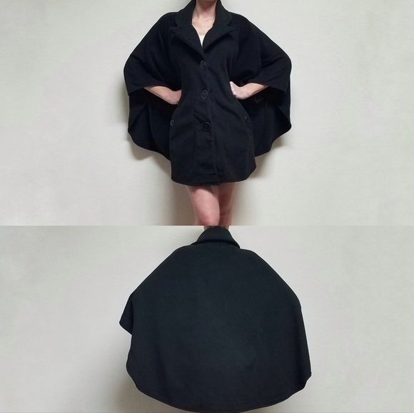 Vintage Sweaters - Vintage 80s Le Moda Black Fleece Large Button Notched Collar Poncho Jacket OSFA